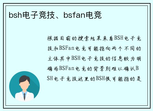 bsh电子竞技、bsfan电竞